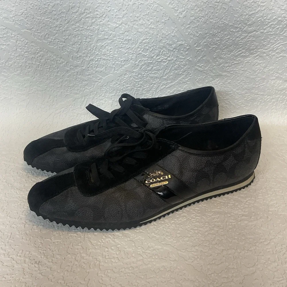 COACH Signature‎ IVY Leather Trainer Black Sneakers Laced Shoes Womens Sz 9.5